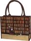 Preview: Braune Shoppertasche mit Bibliotheks-Motiv und stabilen Textilgriffen auf Holzuntergrund.