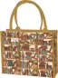 Preview: Beige Shoppertasche aus Polyester mit Motiv einer Katze im Bücherregal und braunen Griffen.