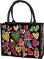 Preview: Schwarze Shoppertasche aus Polyester-Gewebe mit bunten Herzen und Reißverschluss.