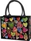 Preview: Schwarze Shoppertasche aus Polyester-Gewebe mit bunten Herzen und Reißverschluss.