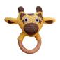 Preview: Gelbe Strick-Giraffe als Greifling von HickUps mit Holzring, handgemachtes Babyspielzeug aus Baumwolle für Neugeborene.