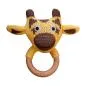 Preview: Gelbe Strick-Giraffe als Greifling von HickUps mit Holzring, handgemachtes Babyspielzeug aus Baumwolle für Neugeborene.