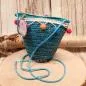 Preview: Handtasche Kinder Basttasche türkis mit bunten Bommeln - handtasche kinder korb rattan 1fach reissverschluss blau bommel