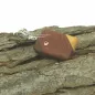 Preview: Handgeschliffener Holz Kettenanhänger aus zweifarbig verleimtem Holz mit eingearbeitetem Strass-Stein und versilberter Schluppe auf Baumrinde.
