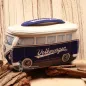 Preview: Blau-weißer VW Bus T1 Kulturbeutel aus Neopren mit Surfbrett-Tragegriff und Mini-Bus Reißverschlüssen.