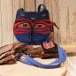 Preview: Blaue Laurel Burch Umhängetasche aus Stoff in Katzenkopf-Form mit Reißverschluss und langem Schulterband.