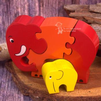 4 tlg. Holzpuzzle als Elefant mit Baby