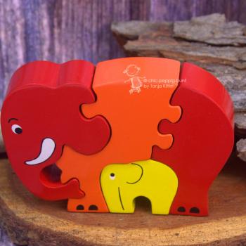 Holz Elefant mit Baby rot