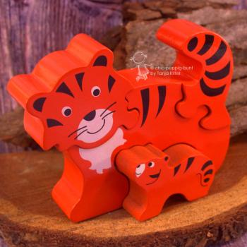 Oranger Tiger mit Baby aus Holz