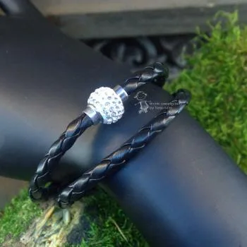 Armband-Strass-Kugel-handgefertigt - Armband leder gedreht schwarz cristal