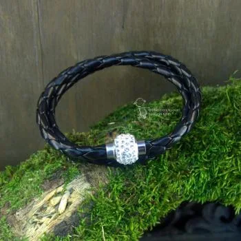 Armband-Strass-Kugel-handgefertigt - Armband leder gedreht schwarz cristal1