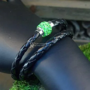 Armband-Strass-Kugel-handgefertigt - Armband leder gedreht schwarz gruen
