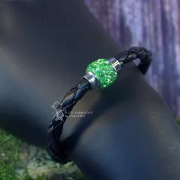 Armband-Strass-Kugel-handgefertigt - Armband leder gedreht schwarz gruen2