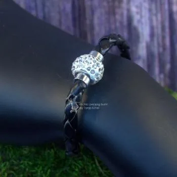Armband-Strass-Kugel-handgefertigt - Armband leder gedreht schwarz