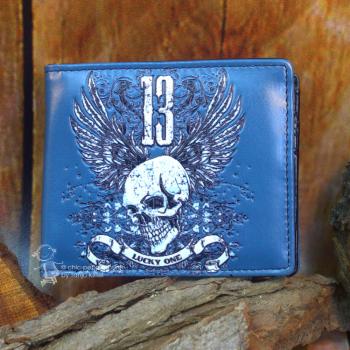 Herrengeldbeutel blau mit Flügel und Totenkopf