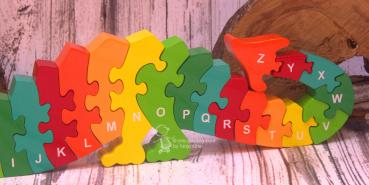 Holz Puzzle bunt als Drache mit Buchstaben