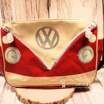 VW T1 Bus Umhängetasche in Rot und Creme aus Kunstleder im Querformat mit Camper-Motiv.