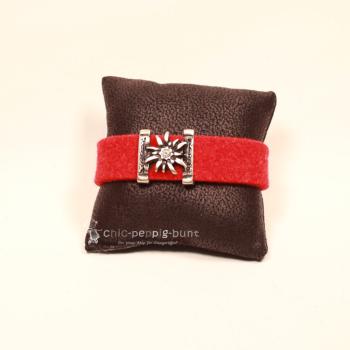 Rotes Trachten Armband aus Filz mit versilbertem Edelweiß-Element, Strassstein und funkelndem Kunststoff-Kristallknopf.