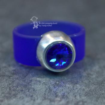 Damenring mit Kautschuk-Band blau und Swarovski-Stein breit