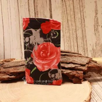 Brillenetui Stoff schwarz mit roten Blumen - brillenetui stoff handgenäht blumen schwarz rosen