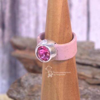 Damenring mit Kork-Band rosa und  pnker Swarovski-Stein breit