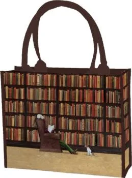 Braune Shoppertasche mit Bibliotheks-Motiv und stabilen Textilgriffen auf Holzuntergrund.
