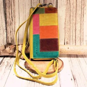 Handtasche - Geldbeutel gelb - bunt Handyfach 15 Fächer - geldbeutel handtasche gross gelb bunt hochformat handyfach
