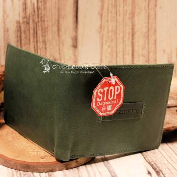 Seitliche Ansicht des Herren Geldbeutels mit 2 cm Tiefe.