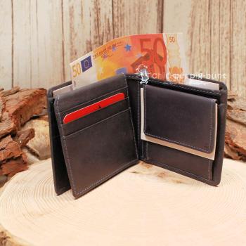 Hochwertiges Glattleder-Material des dunkelblau Portemonnaies.