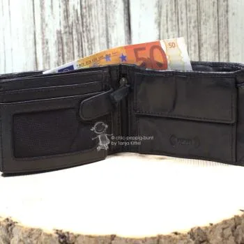 Seitliche Ansicht des Herren Geldbeutels mit 3,5 cm Tiefe.