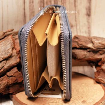 Offene kompakte Geldbörse mit Blick auf die 4 Kartenfächer und die zwei großen Innenfächer.