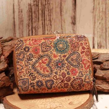 Geldbeutel klein - Kork braun Herzen Motiv bunt 16 Fächer