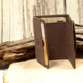 Geldbeutel mini Leder 3 Fächer braun - geldbeutel mini leder braun baum motiv knopfverschluss