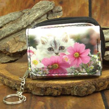 Geldbeutel mini - Kunstleder - Foto Katze - mit rosa Blumen