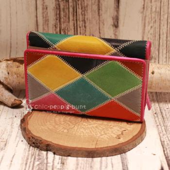 Geldbeutel mittelgroß buntes Leder - 19 Fächer Rautenmotiv