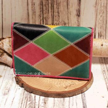 Geldbeutel mittelgroß buntes Leder - 19 Fächer Rautenmotiv