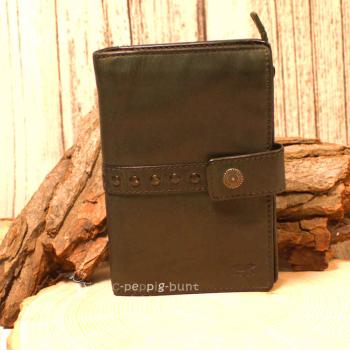 Dunkelgrüne Leder Geldbörse Unisex geschlossen mit Nieten.