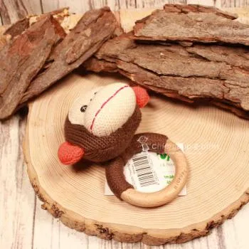 Greifling Affe Braun – Handgestrickter Beißring aus Holz & Stoff HickUps - greifling stoff holz beisring affe braun babyspielzeug gestrickt
