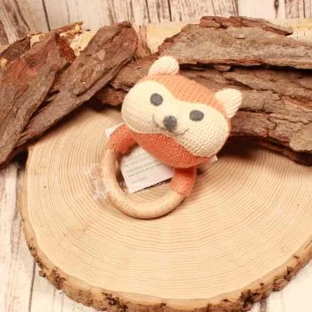 Greifling Fuchs Orange – Handgestrickter Beißring aus Naturholz - HickUps - greifling stoff holz beisring fuchs aprikot babyspielzeug gestrickt