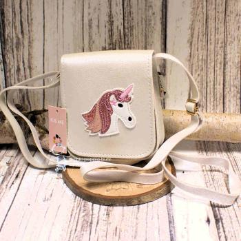 Handtasche Kinder Einhorntasche Glitzer in Weiß mit rosa Glitzer-Einhorn Applikation und Magnetknopf-Verschluss.