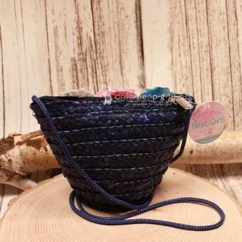 Handtasche Kinder Basttasche dunkelblau 3 Blumen - handtasche kinder korb rattan 1fach reissverschluss blau blumen