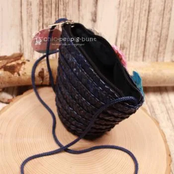 Handtasche Kinder Basttasche dunkelblau 3 Blumen - handtasche kinder korb rattan 1fach reissverschluss blau blumen