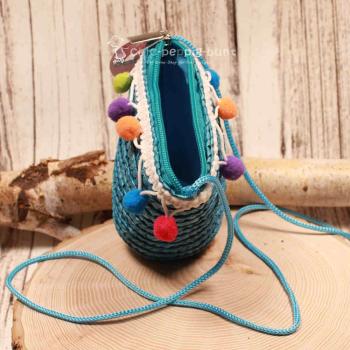 Handtasche Kinder Basttasche türkis mit bunten Bommeln