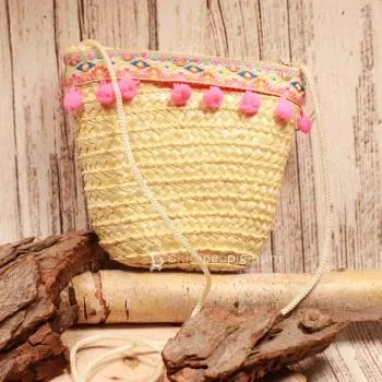 Handtasche Kinder Basttasche natur Bommeln in rosa - handtasche kinder korb rattan 1fach reissverschluss klein natur bommeln rosa borduere
