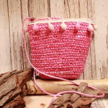 Handtasche Kinder Basttasche rosa mit Bommeln - handtasche kinder korb rattan 1fach reissverschluss klein rosa bommeln