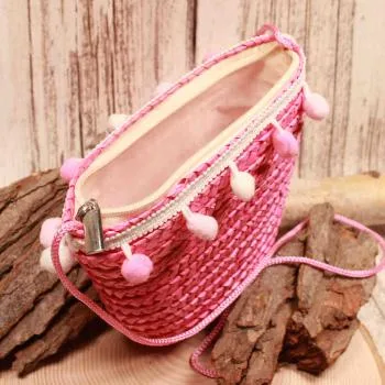 Handtasche Kinder Basttasche rosa mit Bommeln - handtasche kinder korb rattan 1fach reissverschluss klein rosa bommeln