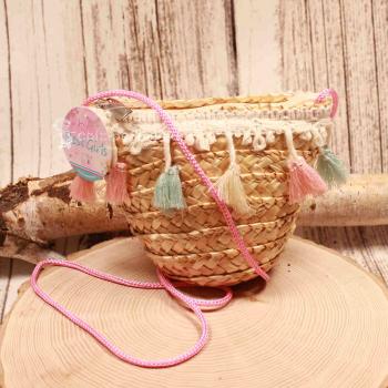 Handtasche Kinder Basttasche natur mit bunte Quasten
