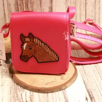 Umhängetasche klein für Kinder in pink Motiv Pferde Kopf - handtasche kinder pferd pink knopfverschluss