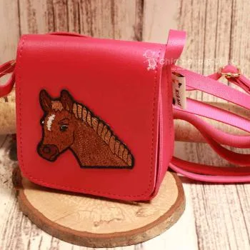 Umhängetasche klein für Kinder in pink Motiv Pferde Kopf - handtasche kinder pferd pink knopfverschluss