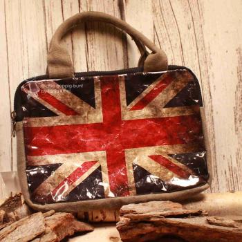 Grau-braune Tablet-Tasche aus Leder-PVC mit Amerika-Flaggen-Motiv, Reißverschluss und praktischen Tragegriffen.